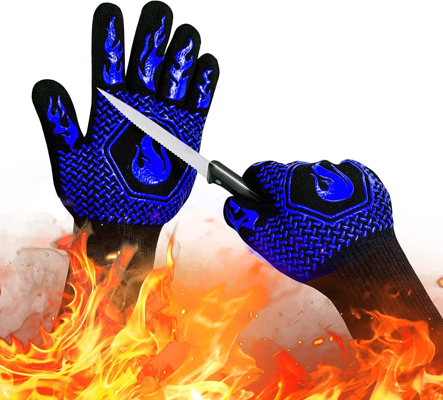 Guantes de barbacoa de alta calidad, resistentes al calor extremo de 1472  °F, guantes de parrilla con resistentes a los cortes, guantes de horno de