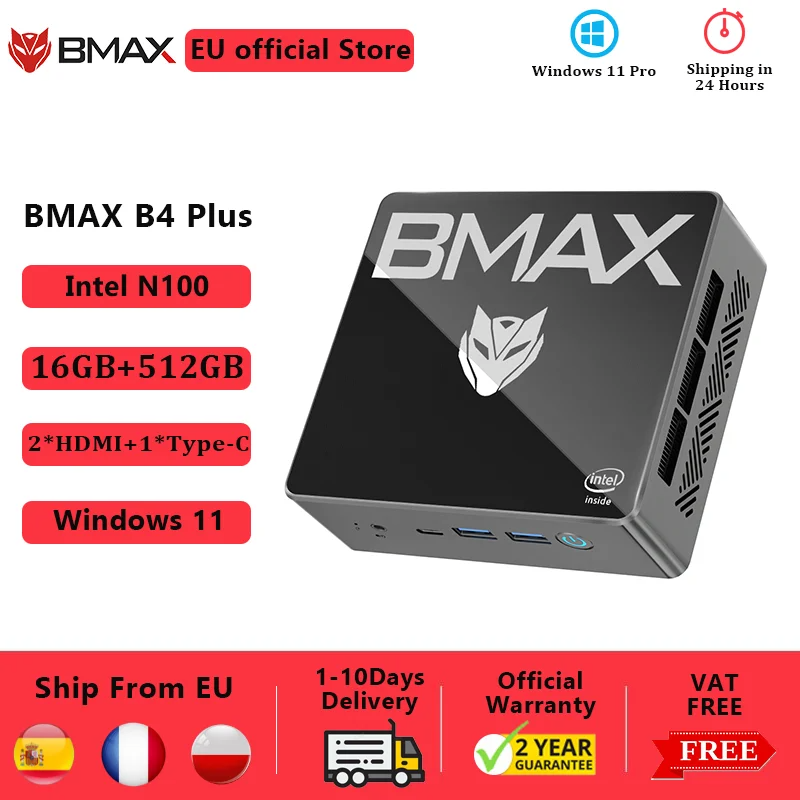 BMAX-Mini PC B4 Plus, Windows 11, Intel N100, 16GB, DDR4, 512GB