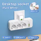 Regleta con 3 tomas + 2 puertos USB + 1 tipo C