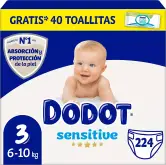 Pañales Bebé Sensitive Talla 3, 224 + 40 Toallitas Gratis, Protección Óptima, Pack Mensual Dodot.