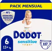 Dodot Pañales Bebé Sensitive Talla 6 (+13 kg), 117 Pañales, Pack Mensual: Óptima Protección Piel.
