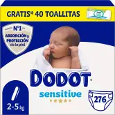 "Pack Dodot Pañales Bebé Sensitive Talla 1 + 40 Toallitas Gratis, Protección Óptima, Pack Mensual"