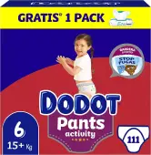 Pack mensual Dodot Activity Pants T6 (+15 kg) con 111 pañales y 1 pack de 48 Toallitas Gratis Aqua Pure