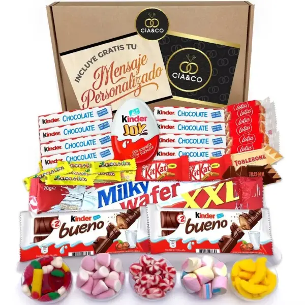 Lote regalo con más de 28 chocolates Kinder y más de 400 gr de chuches Lote regalo con más de 28 chocolates Kinder y más de 400 gr de chuches