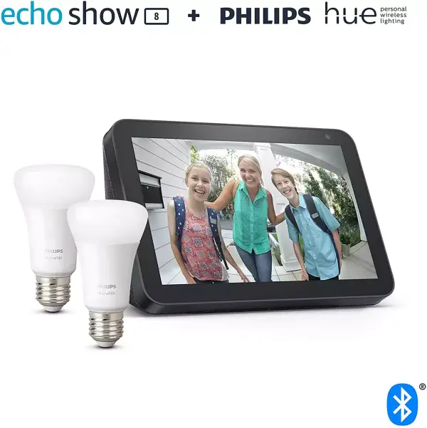 Echo Show 8 + Philips Hue White Pack de 2 bombillas LED inteligentes Echo Show 8 + Philips Hue White Pack de 2 bombillas LED inteligentes