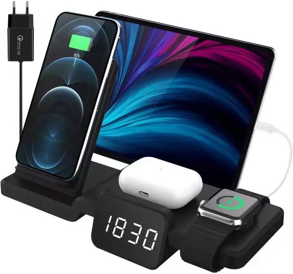 Cargador inalámbrico 3 en 1 con Qi y reloj Cargador inalámbrico 3 en 1 con Qi y reloj