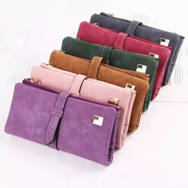 Cartera de cuero nobuk con cordón y cremallera para mujer Cartera de cuero nobuk con cordón y cremallera para mujer