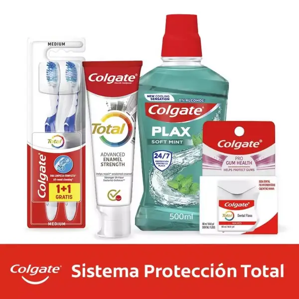 Colgate Protección Total: pasta de dientes, cepillo de dientes, enjuague bucal y seda dental Colgate Protección Total: pasta de dientes, cepillo de dientes, enjuague bucal y seda dental