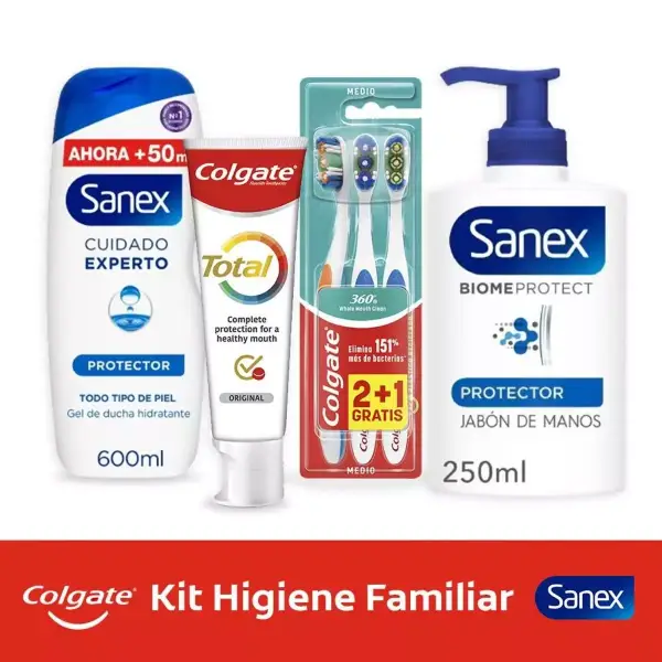 Dentífrico + 3 cepillos de dientes + gel de ducha y jabón de manos Dentífrico + 3 cepillos de dientes + gel de ducha y jabón de manos