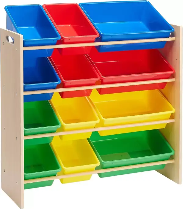 Organizador de juguetes con 12 compartimentos de plástico y madera Organizador de juguetes con 12 compartimentos de plástico y madera