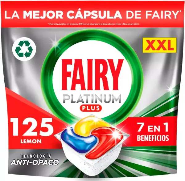 125 cápsulas limón Fairy Platinum Plus Todo en 1 125 cápsulas limón Fairy Platinum Plus Todo en 1