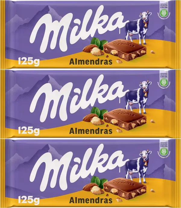 3x125g Milka Tableta de Chocolate con Leche de los Alpes con Trozos de Almendras 3x125g Milka Tableta de Chocolate con Leche de los Alpes con Trozos de Almendras