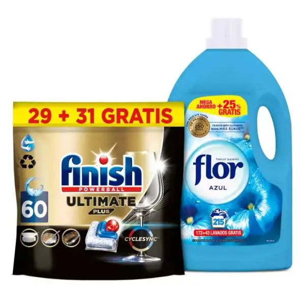 Finish Ultimate Plus 60 pastillas + Flor Suavizante Azul 215 lavados Finish Ultimate Plus 60 pastillas + Flor Suavizante Azul 215 lavados