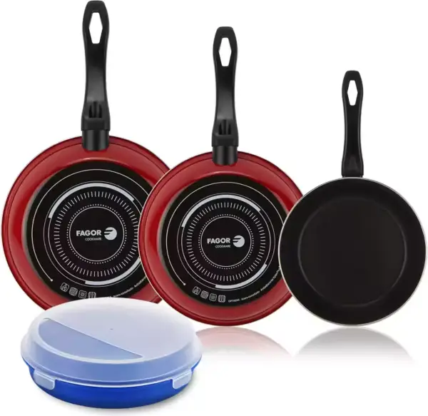 Set de 3 sartenes Fagor Optimax 20 + 24 + 28 cm + tupper 24.5cm Set de 3 sartenes Fagor Optimax 20 + 24 + 28 cm + tupper 24.5cm
