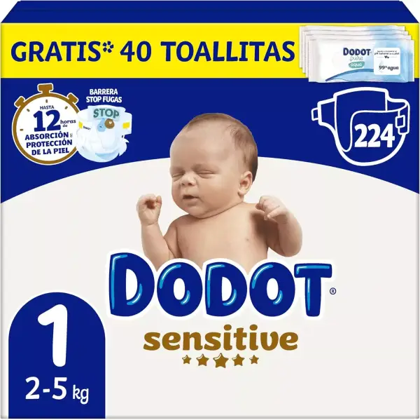 Dodot Pañales Sensitive Talla 1 2-5kg 224uds + 40 Toallitas Aqua Pure Dodot Pañales Sensitive Talla 1 2-5kg 224uds + 40 Toallitas Aqua Pure