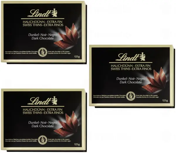 3x125g Lindt Swiss Thins láminas de chocolate negro extra fino 3x125g Lindt Swiss Thins láminas de chocolate negro extra fino