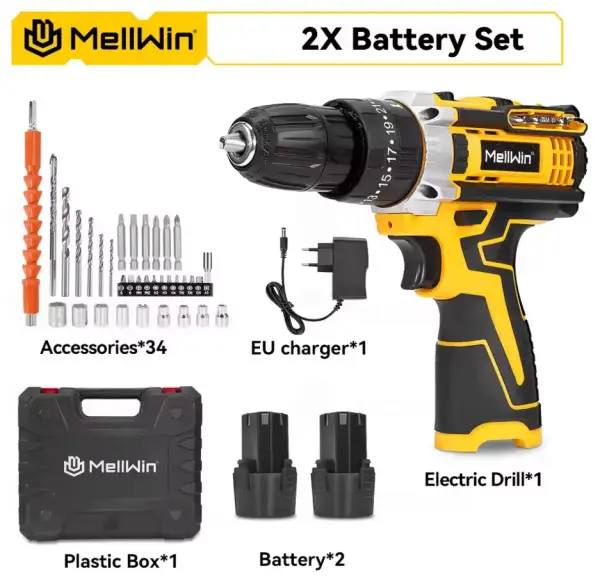 MELLWIN-Juego de taladro de impacto eléctrico inalámbrico + 2 baterías 18V MELLWIN-Juego de taladro de impacto eléctrico inalámbrico + 2 baterías 18V