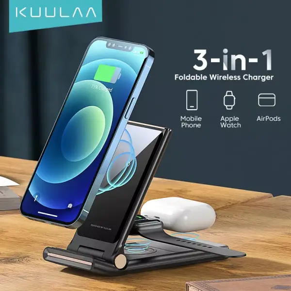 Cargador inalámbrico Qi 3en1 con soporte de teléfono Cargador inalámbrico Qi 3en1 con soporte de teléfono