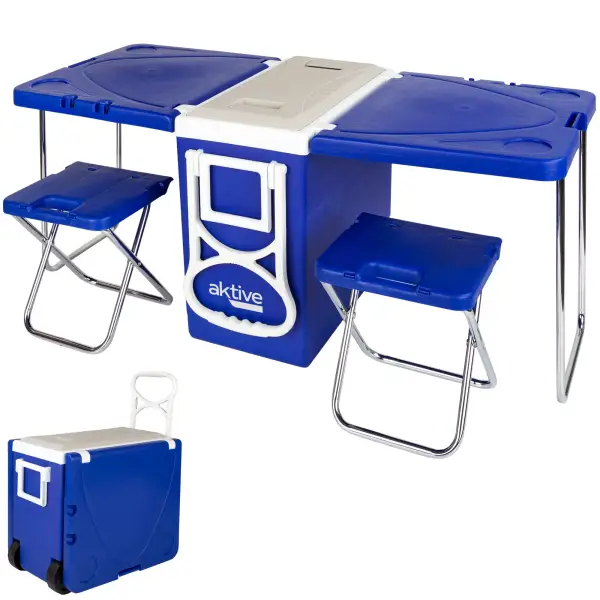 Nevera con mesa plegable y taburetes camping Aktive Nevera con mesa plegable y taburetes camping Aktive