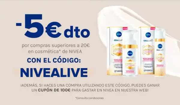 Cupón de 5€ por compras de +20€ en Cosmética Nivea Cupón de 5€ por compras de +20€ en Cosmética Nivea