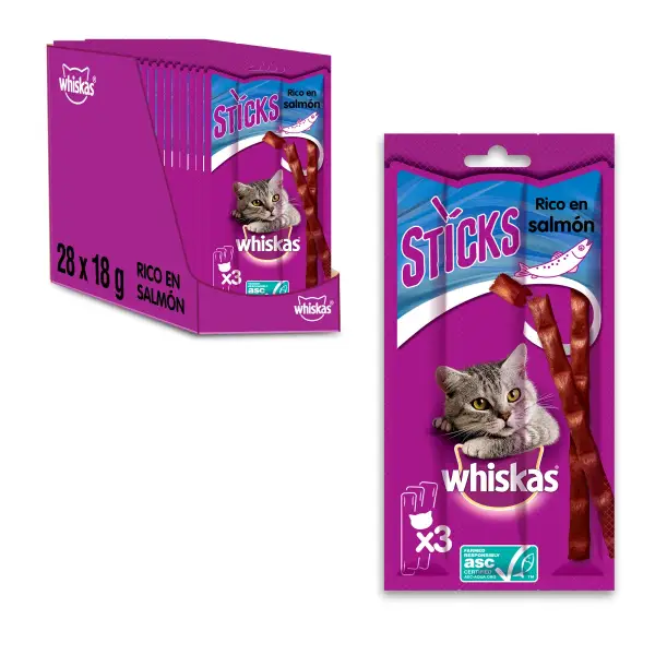 Pack 28x 3 Sticks Whiskas Sabor Salmón Pack 28x 3 Sticks Whiskas Sabor Salmón