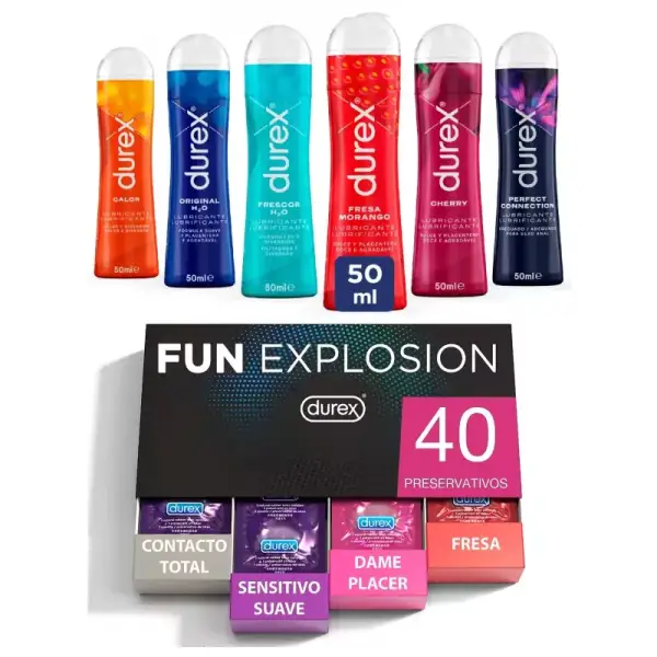Pack Durex: Lote 40 Preservativos Fun Explosion + 6 lubricantes 50ml Pack Durex: Lote 40 Preservativos Fun Explosion + 6 lubricantes 50ml