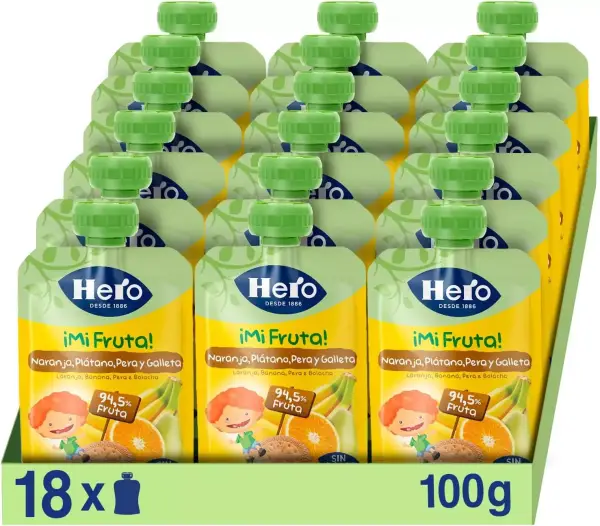 18 x 100 g Hero Baby Mi Fruta con Naranja, Plátano, Pera y Galleta 18 x 100 g Hero Baby Mi Fruta con Naranja, Plátano, Pera y Galleta