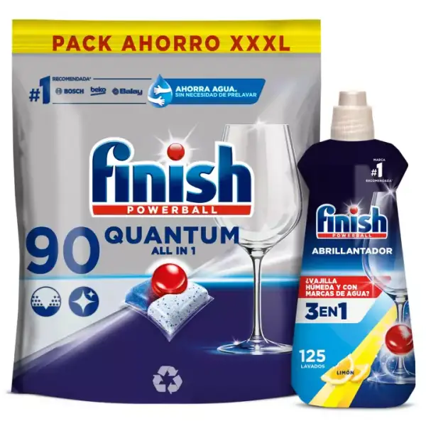 90 pastillas Finish Quantum + Abrillantador Limón 500ml 90 pastillas Finish Quantum + Abrillantador Limón 500ml