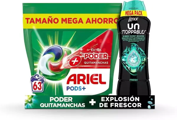 Ariel Pods en cápsulas 63 lavados + Perlas de fragancia Lenor 570gr Ariel Pods en cápsulas 63 lavados + Perlas de fragancia Lenor 570gr