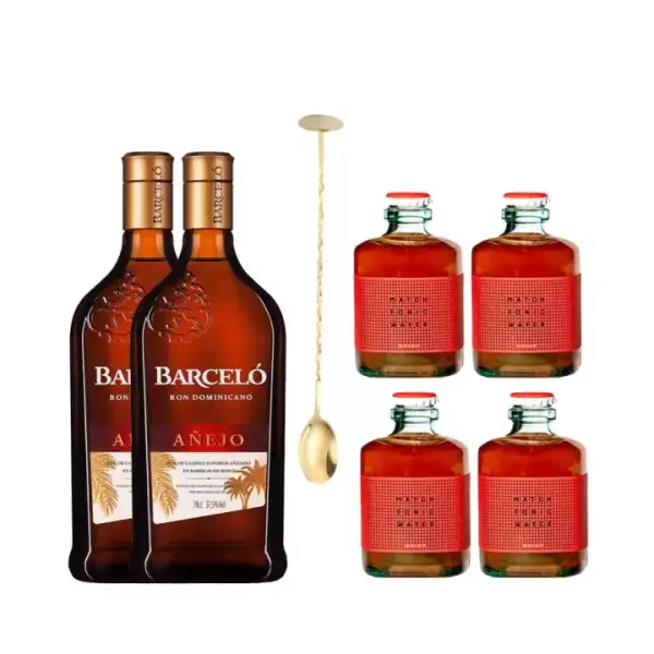 Pack 2 botellas de Ron Barcelo 70cl + 4 Tónicas Spicy Match 20cl + cuchara dorada Pack 2 botellas de Ron Barcelo 70cl + 4 Tónicas Spicy Match 20cl + cuchara dorada