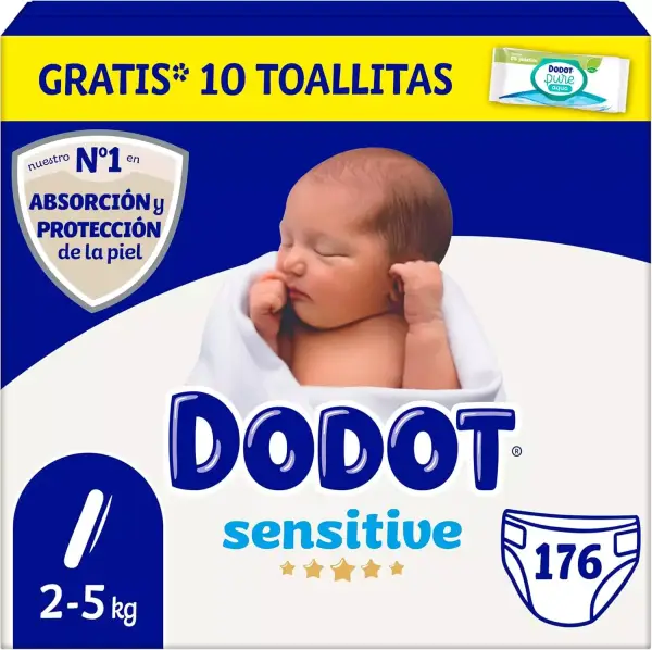 176 Pañales Dodot Sensitive Talla 1 (2-5 kg) + 10 Toallitas Aqua Plastic Free 176 Pañales Dodot Sensitive Talla 1 (2-5 kg) + 10 Toallitas Aqua Plastic Free