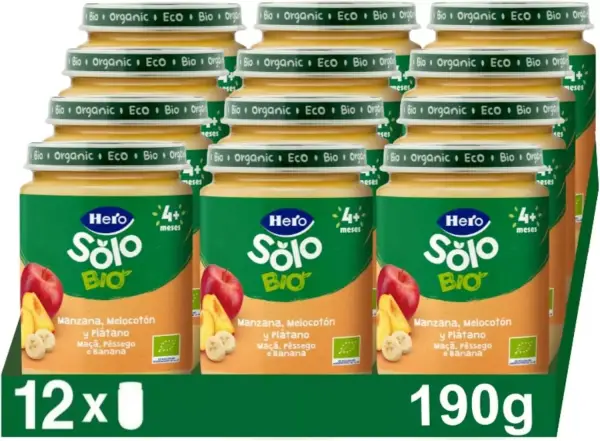 12x190g Tarritos Hero Solo Bio de Manzana, Melocotón y Plátano 12x190g Tarritos Hero Solo Bio de Manzana, Melocotón y Plátano