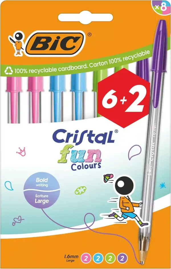 Pack 8 BIC Cristal Fun Bolígrafos de Colores de Punta Ancha 1,6 mm Pack 8 BIC Cristal Fun Bolígrafos de Colores de Punta Ancha 1,6 mm