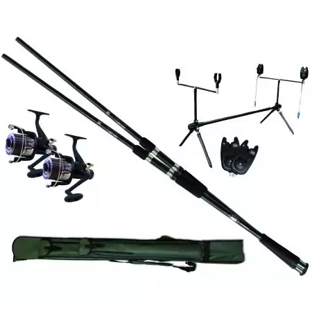 Kit Carpa: 2 cañas + 2 carretes + Trípode + 2 Avisadores + Funda Kit Carpa: 2 cañas + 2 carretes + Trípode + 2 Avisadores + Funda