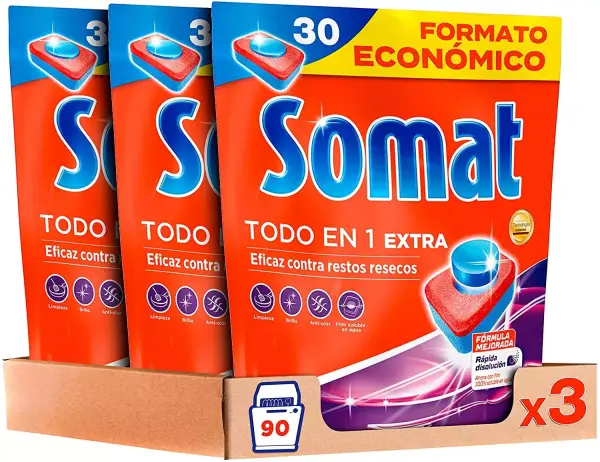 Pack de 3x30 lavados de Pastillas para Lavavajillas Somat Todo en 1 Pack de 3x30 lavados de Pastillas para Lavavajillas Somat Todo en 1