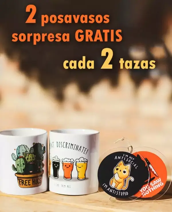 Compra 2 tazas y obtén 2 Posavasos sorpresa + calcetines gratis Compra 2 tazas y obtén 2 Posavasos sorpresa + calcetines gratis