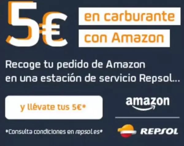 Recoge tú pedido de Amazon en Repsol y llévate 5€ en gasolina Recoge tú pedido de Amazon en Repsol y llévate 5€ en gasolina