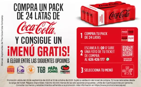 Menú en Burger King, Taco Bell, Popeyes y más (al comprar 24 latas Coca-Cola) Menú en Burger King, Taco Bell, Popeyes y más (al comprar 24 latas Coca-Cola)