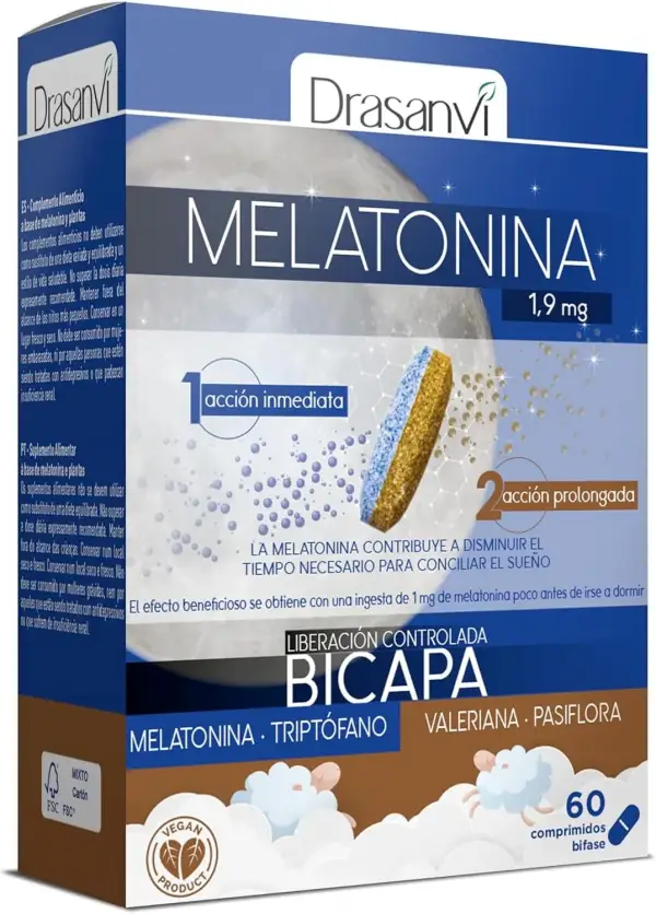 60 Comp. Melatonina Bicapa de 1,9 mg con Triptófano 60 Comp. Melatonina Bicapa de 1,9 mg con Triptófano