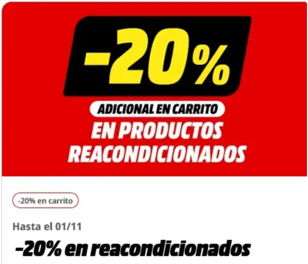 20% Dto. adicional en productos reacondicionados en MediaMarkt 20% Dto. adicional en productos reacondicionados en MediaMarkt