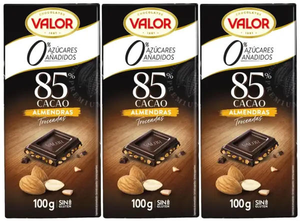 3x 100g Valor Chocolate Negro 85% Almendras 0% Azúcares Añadidos 3x 100g Valor Chocolate Negro 85% Almendras 0% Azúcares Añadidos