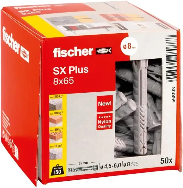 Caja 50 Tacos 8x65 de expansión fischer SX Plus Caja 50 Tacos 8x65 de expansión fischer SX Plus