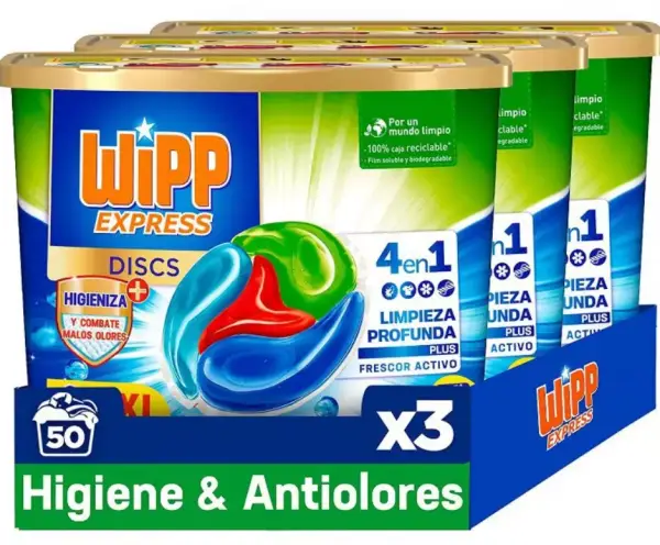 Pack de 3 Wipp Express Detergente Antiolores en Cápsulas 50 Discos Pack de 3 Wipp Express Detergente Antiolores en Cápsulas 50 Discos