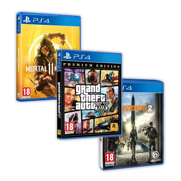 Pack de 3 Juegos PS4: GTA V Premium, The Division 2, Mortal Kombat 11 Pack de 3 Juegos PS4: GTA V Premium, The Division 2, Mortal Kombat 11