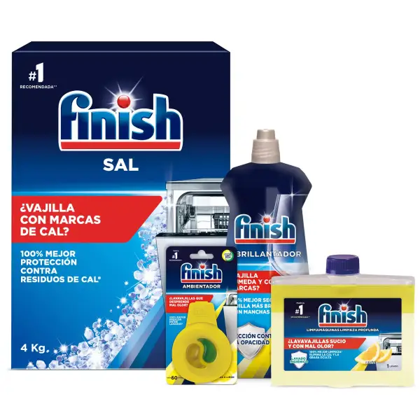 Sal 4kg Finish + Abrillantador 500ml + Limpia máquinas 250ml + Ambientador Sal 4kg Finish + Abrillantador 500ml + Limpia máquinas 250ml + Ambientador