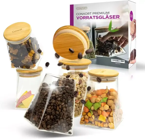 Juego de 5 tarros de cristal de borosilicato con tapa de bambú Juego de 5 tarros de cristal de borosilicato con tapa de bambú