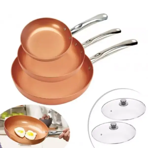 Set de 3 sartenes antiadherente de cobre + 2 tapas de cristal Set de 3 sartenes antiadherente de cobre + 2 tapas de cristal