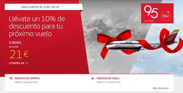 Aniversario de Iberia: 10% DTO + vuelos por Europa desde 21€ Aniversario de Iberia: 10% DTO + vuelos por Europa desde 21€