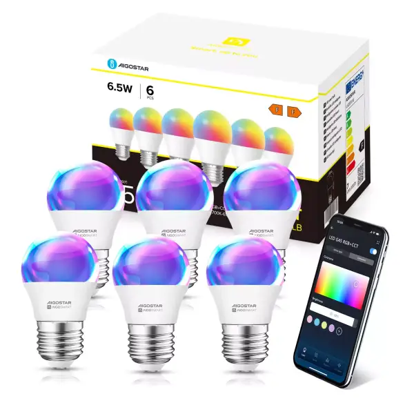Pack de 6 bombillas inteligentes Aigostar Wifi G45 E27 6.5W Pack de 6 bombillas inteligentes Aigostar Wifi G45 E27 6.5W