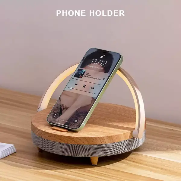 Cargador inalámbrico de madera con lámpara LED y altavoz bluetooth Cargador inalámbrico de madera con lámpara LED y altavoz bluetooth
